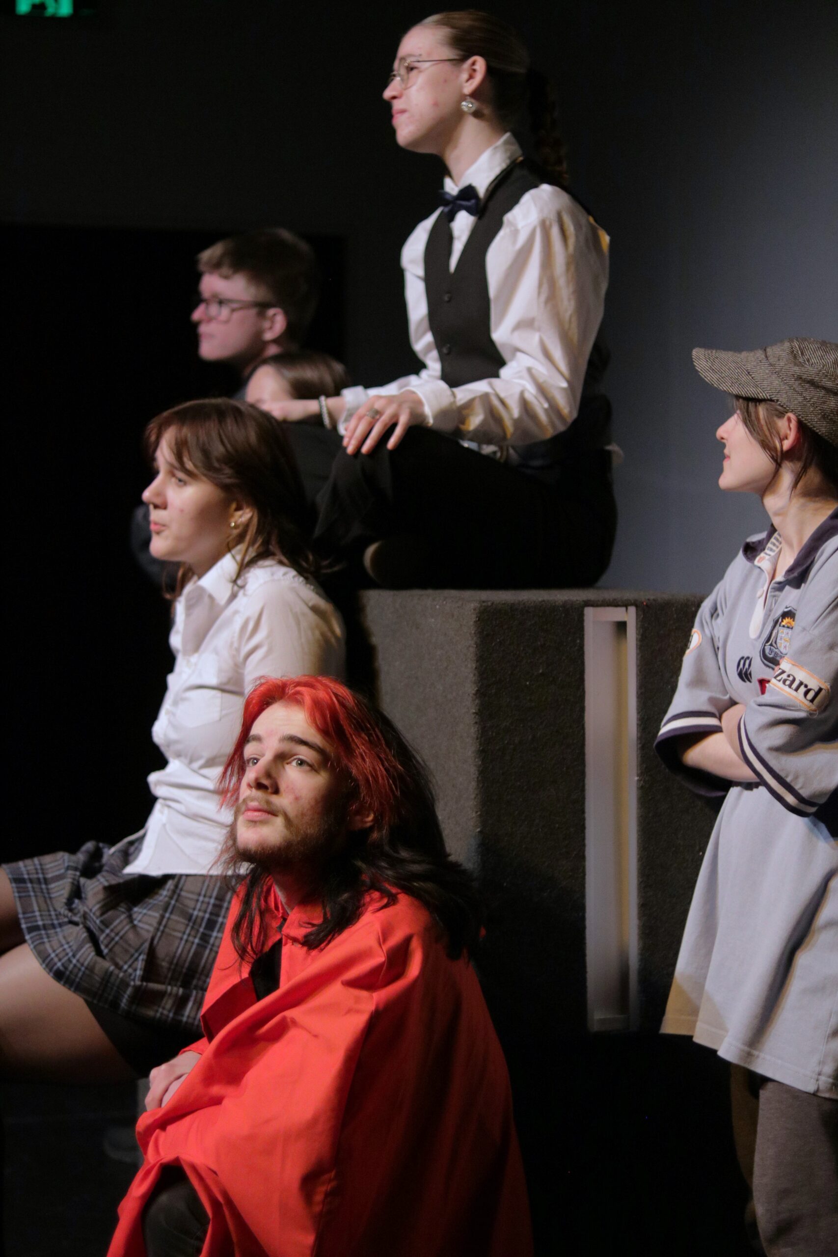 The curator (Olive Brooks) leading the cast in the moral of the show. Also in this photo, Conor McLauchlan, Annabelle Smithers, Jazlyne Duvenhage, Me and Zoe Smith.